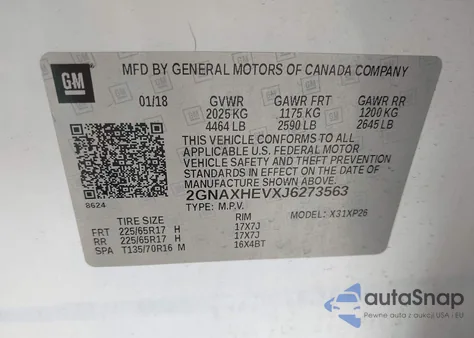 2018 Chevrolet Equinox Ls z USA, uszkodzony, nr VIN 2GNAXHEVXJ6273563
